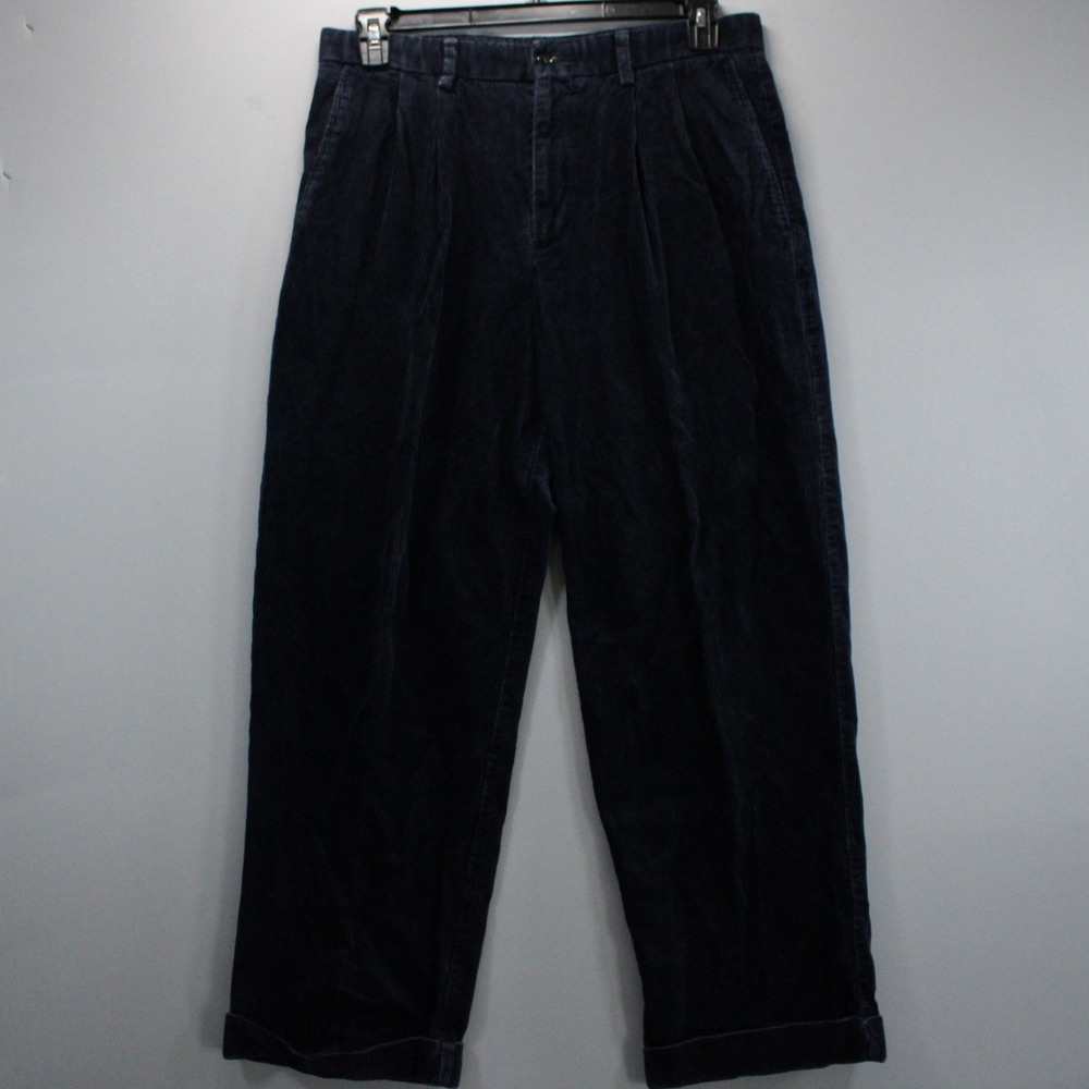 Vintage Mens Dockers Navy Blue Pleated Corduroy Pants Retro Cuff Trousers 34x29